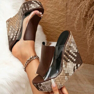 Women's Brown Transparent Wedge Sandals, Thick Bottom, Fashionable & Elegant